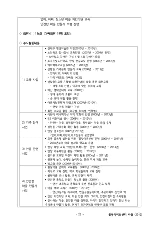 엄마, 아빠, 청소년 마을 지킴이단 교육
안전한 마을 만들기 포럼 진행
◇ 회원수 : 116명 (아빠회원 19명 포함)
◇ 주요활동내용
§ 연제구 평생학습관 지정(2010년 - 2013년)
§ 노인학교 강사양성 교육진행 (2007년 ~ 2009년 진행)
- 노인학교 강사단 구성 / 월 1회 강사단 모임
§ 토곡은빛노인학교, 한빛 한글교실 운영 (2006년 ~ 2013년)
§ 예비학부모교실 (2005년 ~ 2013년)
§ 성평등 가족문화 만들기 교육 (2008년 ~ 2013년)
- 엄마학교, 아빠학교 진행

1) 교육 사업

- 가족 야유회, 아빠와 1박2일
§ 생활정치교육 / 월별 회원만남의 날을 통한 회원교육
- 매월 1회 진행 / 이슈에 맞는 주제의 교육
§ 배산 생태안내자 교육 (2007년)
- 생태 동아리 초롱이 구성
- 숲 생태 체험 활동 진행
§ 아동체험진행자 양성교육 (2009년-2010년)
- 맨발 아동 체험단 구성
§ 회원 소모임 활동 (요구별, 취미별, 연령별)
§ 어린이 에니메이션 야외 영화제 진행 (2008년 ~ 2013년)
§ 5.5 어린이날 행사 (2008년 ~ 2013년)

2) 가족 참여
사업

- 안전한 마을, 성평등한마을, 폭력없는 마을 등의 주제
§ 성평등 가족문화 확산 활동 (2006년 ~ 2013년)
§ 연말 경로잔치 (2005년~2012년)
-엄마,아빠,어린이,어르신들의 공연발표
§ 교육 공동체 실현을 위한 “품앗이공부방”운영 (2008년 ~ 2011년)
- 2010년부터 마을 방과후 학교로 운영

3) 아동 관련
사업

§ 현장 체험 교육 “어린이 벼룩시장” 운영 (2008년 ~ 2013년)
§ 맨발 아동체험단 활동 (2006년 ~ 2012년)
- 즐거운 토요일 어린이 체험 활동 (2006년 ~ 2011년)
- 공동체 놀이, 숲체험 놀이학습, 문화 역사 체험 교육
§ 빛그림 공연 (2009년-2013년)
§ 불량식품 없애기 교육활동 (2008년 -2009년)
- 학부모 교육 진행, 학교 학생들에게 교육 진행
- 불량식품 조사 활동, 교육 전단지 제작

4) 안전한
마을 만들기
사업

§ 안전한 통학로 만들기 학부모 활동 (2009년)
- 연천 초등학교 통학로에 주변 신호등과 인도 설치
§ 마을 벽화 그리기 (2008년 - 2012년)
- 연산8동,9동 지구대벽, 연잎공원놀이터벽, 주공아파트 진입로 벽
§ 안전 지킴이단 교육, 마을 안전 지도 그리기, 안전지킴이집 조사활동
§ 인사하는 마을, 안전한 마을 캠페인, 아이가 안전하고 엄마가 안심 하는
우리동네 만들기 활동, 연제구 유관단체와 연께한 포럼 진행

- 22 -

풀뿌리여성센터 바람 (2013)

 