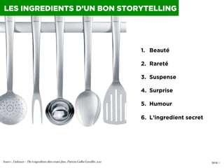 LES INGREDIENTS D’UN BON STORYTELLING

1.  Beauté
2.  Rareté
3.  Suspense
4.  Surprise
5.  Humour
6.  L’ingredient secret
...