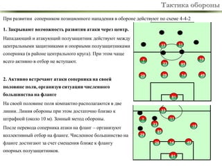 Тактика обороны
При развитии соперником позиционного нападения в обороне действуют по схеме 4-4-2
1. Закрывают возможность развития атаки через центр.
Нападающий и атакующий полузащитник действуют между
центральными защитниками и опорными полузащитниками

11

33

соперника (в районе центрального круга). При этом чаще
всего активно в отбор не вступают.
2. Активно встречают атаки соперника на своей

19

7

23
28

29

85
14

49

половине поля, организуя ситуации численного
большинства на фланге

81

На своей половине поля компактно располагаются в две
линии. Линия обороны при этом достаточно близко к

штрафной (около 10 м). Зонный метод обороны.

33

23

После перевода соперника атаки на фланг – организуют

коллективный отбор на фланге. Численное большинство на
фланге достигают за счет смещения ближе к флангу

11

7

29

19
85

28

14

49

опорных полузащитников.
81

11

 