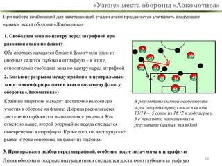 «Узкие» места обороны «Локомотива»
При выборе комбинаций для завершающей стадии атаки предлагается учитывать следующие

«узкие» места обороны «Локомотива»
1. Свободная зона по центру перед штрафной при
развитии атаки по флангу

Оба опорных находятся ближе к флангу или один из

7

опорных садится глубоко в штрафную – в итоге,

относительно свободная зона по центру перед штрафной
2. Большие разрывы между крайним и центральным

19

23
29

85
28

14

49

защитником (при развитии атаки по левому флангу
обороны «Локомотива»)

Крайний защитник выходит достаточно высоко для
участия в обороне на фланге. Дюрица располагается

достаточно глубоко для выполнения страховки. Как
отмечено выше, второй опорный не всегда смещается

81

В результате данной особенности
игры опорных пропустили в сезоне
13/14 – 5 голов из 16 (2 в ходе игры и
3 с пенальти, назначенных в
результате данных эпизодов)

своевременно в штрафную. Кроме того, он часто упускает
рывки игрока соперника на фланг из глубины.
3. Проигрывают подбор перед штрафной, особенно после подач мяча в штрафную

Линия обороны и опорные полузащитники смещаются достаточно глубоко в штрафную

13

 