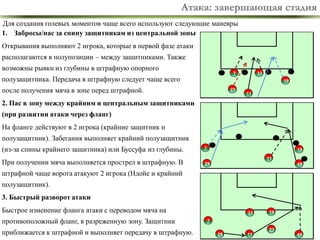 Атака: завершающая стадия
Для создания голевых моментов чаще всего используют следующие маневры
1. Забросы/пас за спину защитникам из центральной зоны
Открывания выполняют 2 игрока, которые в первой фазе атаки

располагаются в полупозиции – между защитниками. Также
возможны рывки из глубины в штрафную опорного

7

полузащитника. Передача в штрафную следует чаще всего

33

19

после получения мяча в зоне перед штрафной.

23

11

2. Пас в зону между крайним и центральным защитниками
(при развитии атаки через фланг)
На фланге действуют в 2 игрока (крайние защитник и
полузащитник). Забегания выполняет крайний полузащитник
(из-за спины крайнего защитника) или Буссуфа из глубины.

7

При получении мяча выполняется прострел в штрафную. В

29

19
11
49

штрафной чаще ворота атакуют 2 игрока (Ндойе и крайний
полузащитник).
3. Быстрый разворот атаки
Быстрое изменение фланга атаки с переводом мяча на
противоположный фланг, в разреженную зону. Защитник
приближается к штрафной и выполняет передачу в штрафную.

33

19

7

5
29

11

49

 