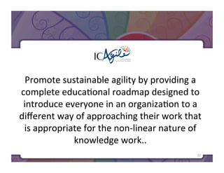 International
Consortium for Agile

	
  
Promote	
  sustainable	
  agility	
  by	
  providing	
  a	
  
complete	
  educaKonal	
  roadmap	
  designed	
  to	
  
introduce	
  everyone	
  in	
  an	
  organizaKon	
  to	
  a	
  
diﬀerent	
  way	
  of	
  approaching	
  their	
  work	
  that	
  
is	
  appropriate	
  for	
  the	
  non-­‐linear	
  nature	
  of	
  
knowledge	
  work..	
  
22	
  

 