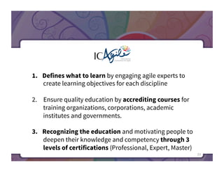International
Consortium for Agile

1.  Defines what to learn by engaging agile experts to
create learning objectives for each discipline
2.  Ensure quality education by accrediting courses for
training organizations, corporations, academic
institutes and governments.
3.  Recognizing the education and motivating people to
deepen their knowledge and competency through 3
levels of certifications (Professional, Expert, Master)
23	
  

 