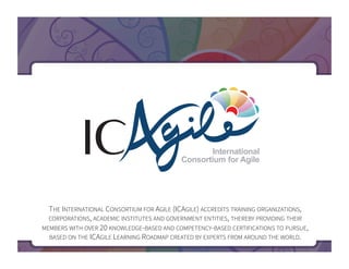 International
Consortium for Agile

THE INTERNATIONAL CONSORTIUM FOR AGILE (ICAGILE) ACCREDITS TRAINING ORGANIZATIONS,
CORPORATIONS, ACADEMIC INSTITUTES AND GOVERNMENT ENTITIES, THEREBY PROVIDING THEIR
MEMBERS WITH OVER 20 KNOWLEDGE-BASED AND COMPETENCY-BASED CERTIFICATIONS TO PURSUE,
BASED ON THE ICAGILE LEARNING ROADMAP CREATED BY EXPERTS FROM AROUND THE WORLD.	
  

 