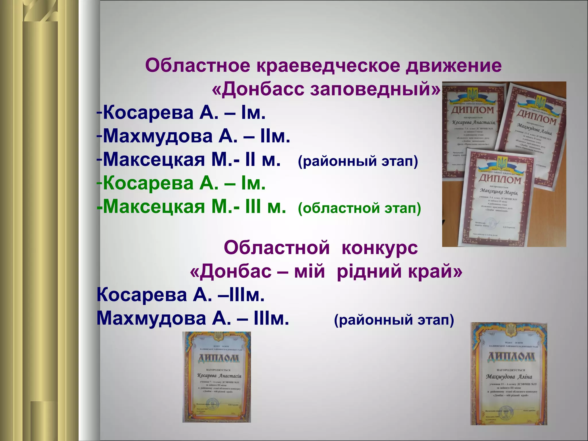 Областное краеведческое движение
«Донбасс заповедный»
-Косарева А. – Ім.
-Махмудова А. – ІІм.
-Максецкая М.- ІІ м. (районный этап)
-Косарева А. – Ім.
-Максецкая М.- ІІІ м. (областной этап)
Областной конкурс
«Донбас – мій рідний край»
Косарева А. –ІІІм.
Махмудова А. – ІІІм.
(районный этап)

 