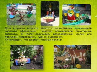 Дети старшего возраста вместе с воспитателем придумывали
варианты оформления
участка, обговаривали структурные
элементы. В итоге получились разнообразные уголки для
прогулок: «Пароходик», «Домик в деревне»,
«У колодца», «На ферме», «Лесная поляна».

 