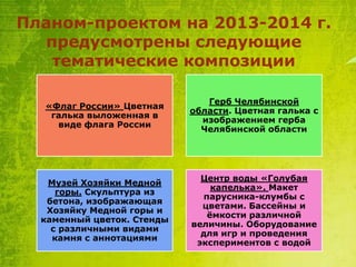Планом-проектом на 2013-2014 г.
предусмотрены следующие
тематические композиции
«Флаг России» Цветная
галька выложенная в
виде флага России

Герб Челябинской
области. Цветная галька с
изображением герба
Челябинской области

Музей Хозяйки Медной
горы. Скульптура из
бетона, изображающая
Хозяйку Медной горы и
каменный цветок. Стенды
с различными видами
камня с аннотациями

Центр воды «Голубая
капелька». Макет
парусника-клумбы с
цветами. Бассейны и
ѐмкости различной
величины. Оборудование
для игр и проведения
экспериментов с водой

 