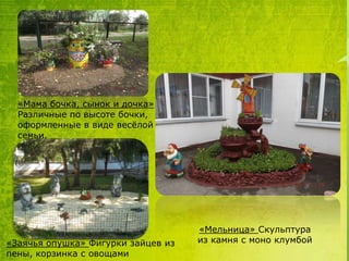 «Мама бочка, сынок и дочка»
Различные по высоте бочки,
оформленные в виде весѐлой
семьи.

«Заячья опушка» Фигурки зайцев из
пены, корзинка с овощами

«Мельница» Скульптура
из камня с моно клумбой

 