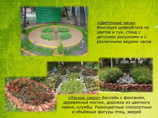 «Цветочные часы»
Имитация циферблата из
цветов и туи, стенд с
детскими рисунками и с
различными видами часов

«Лесное озеро» Бассейн с фонтаном,
деревянный мостик, дорожка из цветного
камня, клумбы. Разноцветные плоскостные
и объѐмные фигуры птиц, зверей

 