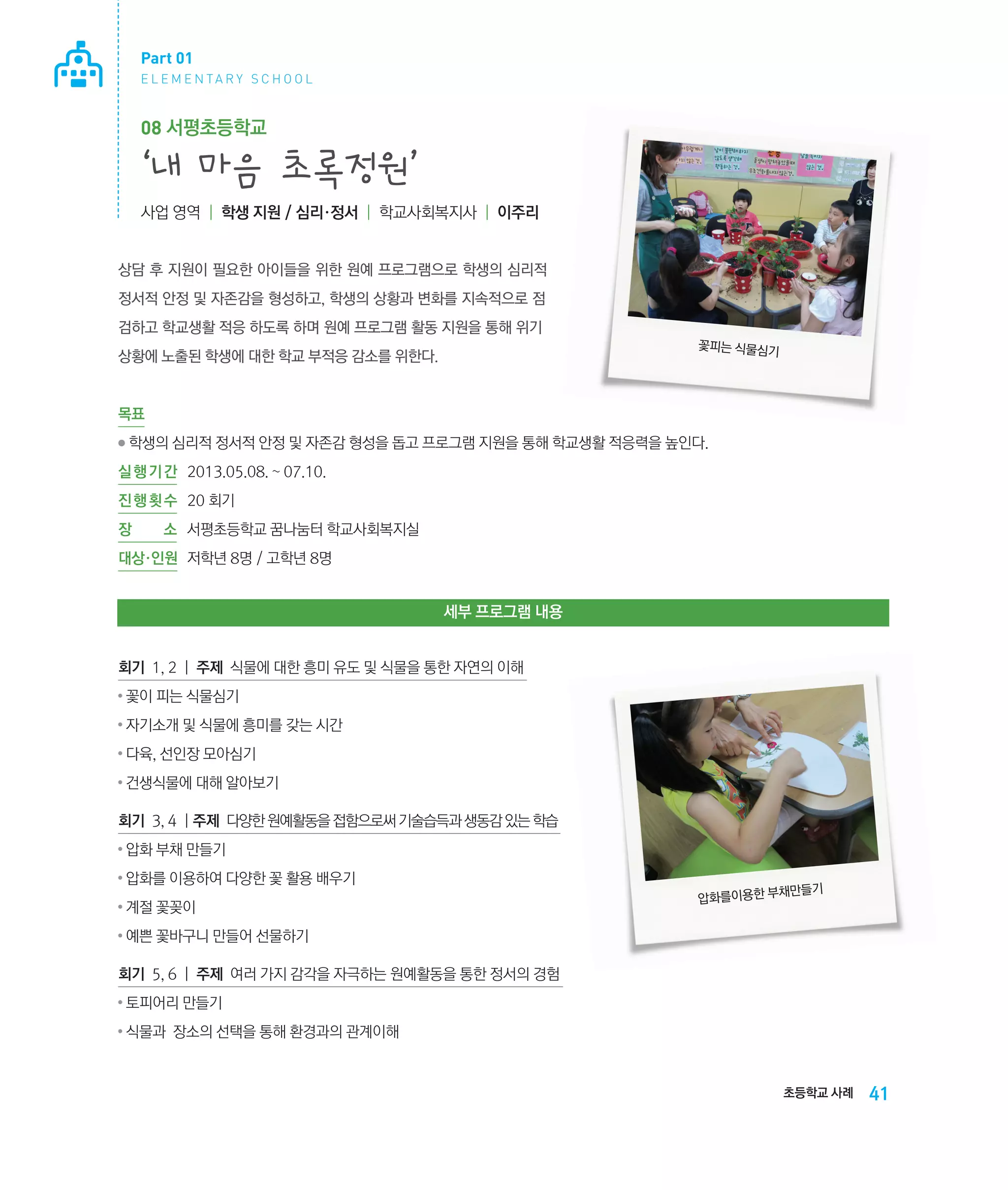 Part 01
E L E M E N TA R Y S C H O O L

08 서평초등학교

‘내 마음 초록정원’
사업 영역 | 학생 지원 / 심리·정서 | 학교사회복지사 | 이주리

상담 후 지원이 필요한 아이들을 위한 원예 프로그램으로 학생의 심리적
정서적 안정 및 자존감을 형성하고, 학생의 상황과 변화를 지속적으로 점
검하고 학교생활 적응 하도록 하며 원예 프로그램 활동 지원을 통해 위기
꽃피는 식물심기

상황에 노출된 학생에 대한 학교 부적응 감소를 위한다.

목표
●

학생의 심리적 정서적 안정 및 자존감 형성을 돕고 프로그램 지원을 통해 학교생활 적응력을 높인다.
‌

실 행 기 간 	 2013.05.08. ~ 07.10.
진 행 횟 수	 20 회기
장

소	 서평초등학교 꿈나눔터 학교사회복지실

대상·인원	 저학년 8명 / 고학년 8명

세부 프로그램 내용
회기 1, 2 | 주제 식물에 대한 흥미 유도 및 식물을 통한 자연의 이해
●

꽃이 피는 식물심기

●

자기소개 및 식물에 흥미를 갖는 시간

●

다육, 선인장 모아심기

●

건생식물에 대해 알아보기

회기 3, 4 | 주제 다양한 원예활동을 접함으로써 기술습득과 생동감 있는 학습
●

압화 부채 만들기

●

압화를 이용하여 다양한 꽃 활용 배우기

●

계절 꽃꽂이

●

예쁜 꽃바구니 만들어 선물하기

채만들기
압화를이용한 부

회기 5, 6 | 주제 여러 가지 감각을 자극하는 원예활동을 통한 정서의 경험
●

토피어리 만들기

●

식물과 장소의 선택을 통해 환경과의 관계이해

초등학교 사례

41

 