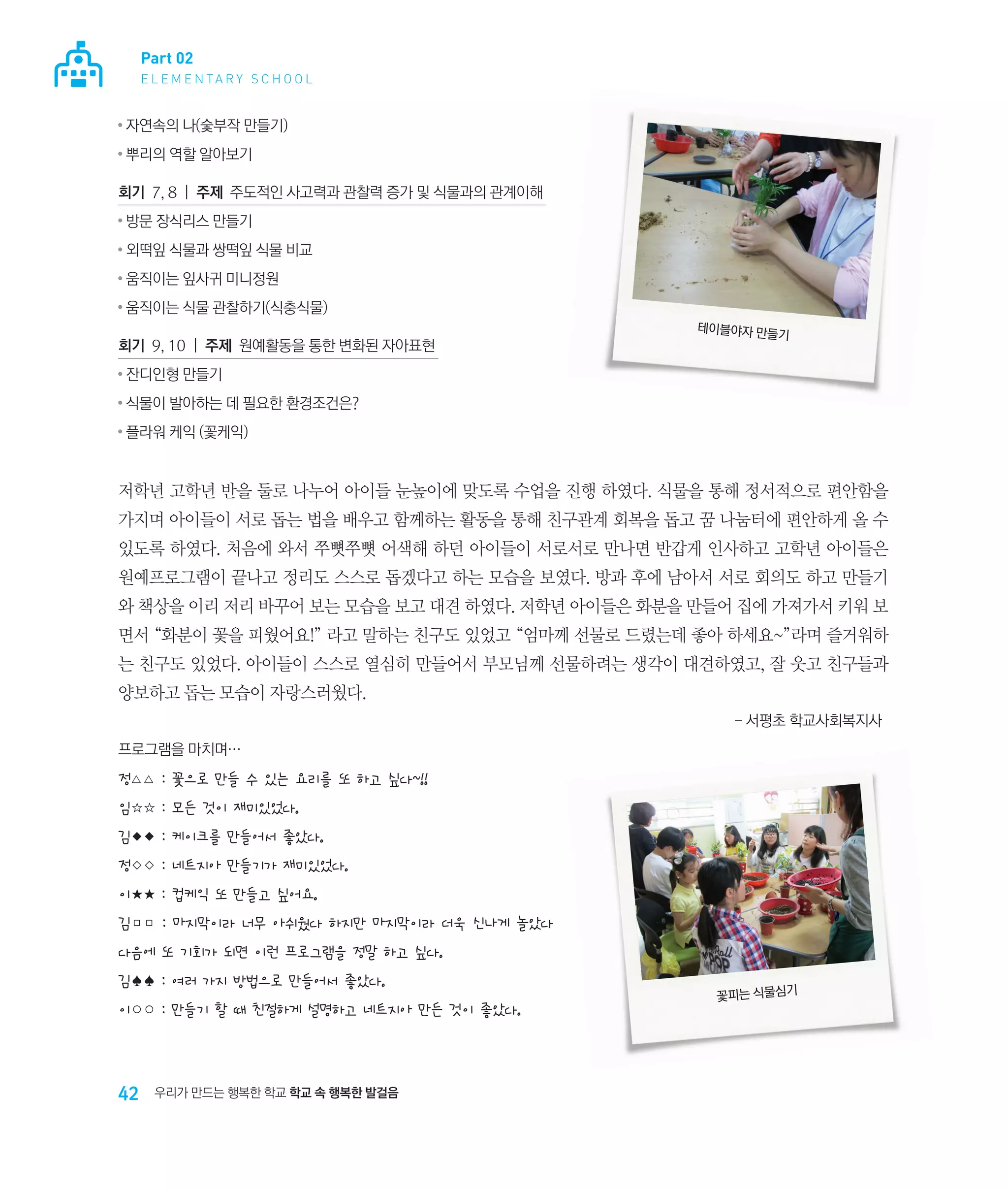 Part 02
E L E M E N TA R Y S C H O O L

●

자연속의 나(숯부작 만들기)

●

뿌리의 역할 알아보기

회기 7, 8 | 주제 주도적인 사고력과 관찰력 증가 및 식물과의 관계이해
●

방문 장식리스 만들기

●

외떡잎 식물과 쌍떡잎 식물 비교

●

움직이는 잎사귀 미니정원

●

움직이는 식물 관찰하기(식충식물)

회기 9, 10 | 주제 원예활동을 통한 변화된 자아표현
●

잔디인형 만들기

●

식물이 발아하는 데 필요한 환경조건은?

●

테이블야자 만들
기

플라워 케익 (꽃케익)

저학년 고학년 반을 둘로 나누어 아이들 눈높이에 맞도록 수업을 진행 하였다. 식물을 통해 정서적으로 편안함을
가지며 아이들이 서로 돕는 법을 배우고 함께하는 활동을 통해 친구관계 회복을 돕고 꿈 나눔터에 편안하게 올 수
있도록 하였다. 처음에 와서 쭈뼛쭈뼛 어색해 하던 아이들이 서로서로 만나면 반갑게 인사하고 고학년 아이들은
원예프로그램이 끝나고 정리도 스스로 돕겠다고 하는 모습을 보였다. 방과 후에 남아서 서로 회의도 하고 만들기
와 책상을 이리 저리 바꾸어 보는 모습을 보고 대견 하였다. 저학년 아이들은 화분을 만들어 집에 가져가서 키워 보
면서 “화분이 꽃을 피웠어요!” 라고 말하는 친구도 있었고 “엄마께 선물로 드렸는데 좋아 하세요~”라며 즐거워하
는 친구도 있었다. 아이들이 스스로 열심히 만들어서 부모님께 선물하려는 생각이 대견하였고, 잘 웃고 친구들과
양보하고 돕는 모습이 자랑스러웠다.
- 서평초 학교사회복지사
프로그램을 마치며…

정△△ : 꽃으로 만들 수 있는 요리를 또 하고 싶다~!!
임☆☆ : 모든 것이 재미있었다.  
김◆◆ : 케이크를 만들어서 좋았다.
정◇◇ : 네트지아 만들기가 재미있었다.
이★★ : 컵케익 또 만들고 싶어요.
김□□ : 마지막이라 너무 아쉬웠다 하지만 마지막이라 더욱 신나게 놀았다
다음에 또 기회가 되면 이런 프로그램을 정말 하고 싶다.
김♠♠ : 여러 가지 방법으로 만들어서 좋았다.
이○○ : 만들기 할 때 친절하게 설명하고 네트지아 만든 것이 좋았다.

42

우리가 만드는 행복한 학교 학교 속 행복한 발걸음

꽃피는 식물심기

 