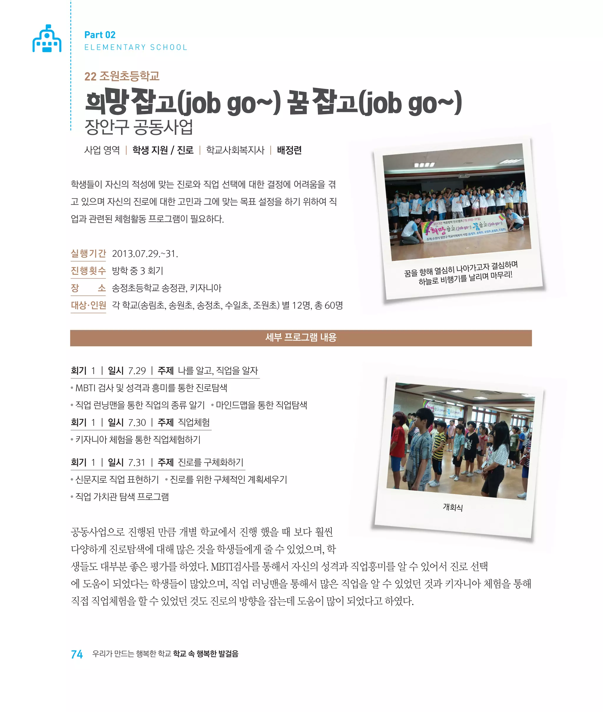 Part 02
E L E M E N TA R Y S C H O O L

22 조원초등학교

희망 잡고(job go~) 꿈 잡고(job go~)
장안구 공동사업
사업 영역 | 학생 지원 / 진로 | 학교사회복지사 | 배정련

학생들이 자신의 적성에 맞는 진로와 직업 선택에 대한 결정에 어려움을 겪
고 있으며 자신의 진로에 대한 고민과 그에 맞는 목표 설정을 하기 위하여 직
업과 관련된 체험활동 프로그램이 필요하다.

실 행 기 간 	 2013.07.29.~31.
하며
나아가고자 결심
꿈을 향해 열심히
리며 마무리!
를날
    하늘로 비행기

진 행 횟 수	 방학 중 3 회기
장

소	 송정초등학교 송정관, 키자니아

대상·인원	 각 학교(송림초, 송원초, 송정초, 수일초, 조원초) 별 12명, 총 60명

세부 프로그램 내용
회기 1 | 일시 7.29 | 주제 나를 알고, 직업을 알자
●

MBTI 검사 및 성격과 흥미를 통한 진로탐색

●

직업 런닝맨을 통한 직업의 종류 알기

●

마인드맵을 통한 직업탐색

회기 1 | 일시 7.30 | 주제 직업체험
●

키자니아 체험을 통한 직업체험하기

회기 1 | 일시 7.31 | 주제 진로를 구체화하기
●

신문지로 직업 표현하기

●

직업 가치관 탐색 프로그램

●

진로를 위한 구체적인 계획세우기
개회식

공동사업으로 진행된 만큼 개별 학교에서 진행 했을 때 보다 훨씬
다양하게 진로탐색에 대해 많은 것을 학생들에게 줄 수 있었으며, 학
생들도 대부분 좋은 평가를 하였다. MBTI검사를 통해서 자신의 성격과 직업흥미를 알 수 있어서 진로 선택
에 도움이 되었다는 학생들이 많았으며, 직업 러닝맨을 통해서 많은 직업을 알 수 있었던 것과 키자니아 체험을 통해
직접 직업체험을 할 수 있었던 것도 진로의 방향을 잡는데 도움이 많이 되었다고 하였다.

74

우리가 만드는 행복한 학교 학교 속 행복한 발걸음

 