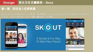 Stranger

陌生交友另闢蹊徑 – Skout

搖一搖，附近佳人任君挑選
Skout 於2007年推出後，乏人問津，後來創辦人 Janice Brandt 在2009年將其定位改為陌生
人交友，從此一炮而紅，迄今下載次數超過 1,000萬次。

 
