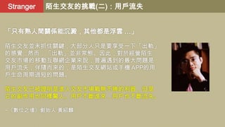 Stranger

陌生交友的挑戰(二)：用戶流失

「只有熟人間關係能沉澱，其他都是浮雲 …」
陌生交友並未抓住關鍵，大部分人只是要享受一下「出軌」
的感覺...然而，「出軌」並非常態。因此，對於經營陌生
交友市場的移動互聯網企業來說，普遍遇到的最大問題是
用戶流失，伴隨而來的，是陌生交友網站或手機 APP的用
戶生命周期過短的問題。
陌生交友已被證明是進入交友市場戰無不勝的利器，但是
它的副作用也同樣驚人。用戶不斷進來，用戶也不斷流失。
~《數位之墻》創始人 黃紹麟

 