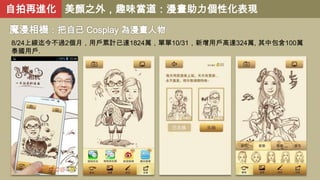 自拍再進化 美顏之外，趣味當道：漫畫助力個性化表現
魔漫相機：把自己 Cosplay 為漫畫人物
8/24上線迄今不過2個月，用戶累計已達1824萬，單單10/31，新增用戶高達324萬, 其中包含100萬
泰國用戶.

 