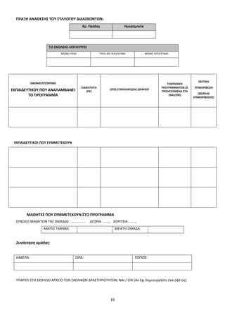 ΠΡΑΞΗ ΑΝΑΘΕΣΗΣ ΤΟΥ ΣΥΛΛΟΓΟΥ ΔΙΔΑΣΚΟΝΤΩΝ:
Αρ. Πράξης

Ημερομηνία

ΤΟ ΣΧΟΛΕΙΟ ΛΕΙΤΟΥΡΓΕΙ
ΜΟΝΟ ΠΡΩΙ

ΠΡΩΙ ΚΑΙ ΑΠΟΓΕΥΜΑ

ΜΟΝΟ ΑΠΟΓΕΥΜΑ

ΟΝΟΜΑΤΕΠΩΝΥΜΟ

ΕΚΠΑΙΔΕΥΤΙΚΟΥ ΠΟΥ ΑΝΑΛΑΜΒΑΝΕΙ
ΤΟ ΠΡΟΓΡΑΜΜΑ

ΕΙΔΙΚΟΤΗΤΑ
(ΠΕ)

ΩΡΕΣ ΣΥΜΠΛΗΡΩΣΗΣ ΩΡΑΡΙΟΥ

ΥΛΟΠΟΙΗΣΗ
ΠΡΟΓΡΑΜΜΑΤΩΝ ΣΕ
ΠΡΟΗΓΟΥΜΕΝΑ ΕΤΗ
(ΝΑΙ/ΟΧΙ)

ΕΚΠΑΙΔΕΥΤΙΚΟΙ ΠΟΥ ΣΥΜΜΕΤΕΧΟΥΝ

ΜΑΘΗΤΕΣ ΠΟΥ ΣΥΜΜΕΤΕΧΟΥΝ ΣΤΟ ΠΡΟΓΡΑΜΜΑ
ΣΥΝΟΛΟ ΜΑΘΗΤΩΝ ΤΗΣ ΟΜΑΔΑΣ : …………….
ΑΜΙΓΕΣ ΤΜΗΜΑ:

ΑΓΟΡΙΑ: ……… ΚΟΡΙΤΣΙΑ: ………
ΜΕΙΚΤΗ ΟΜΑΔΑ:

Συνάντηση ομάδας:

ΗΜΕΡΑ:

ΩΡΑ:

ΤΟΠΟΣ:

ΥΠΑΡΧΕΙ ΣΤΟ ΣΧΟΛΕΙΟ ΑΡΧΕΙΟ ΤΩΝ ΣΧΟΛΙΚΩΝ ΔΡΑΣΤΗΡΙΟΤΗΤΩΝ; ΝΑΙ / ΟΧΙ (Αν όχι δημιουργήστε ένα εφέτος)

16

ΣΧΕΤΙΚΗ
ΕΠΙΜΟΡΦΩΣΗ
(ΦΟΡΕΑΣ
ΕΠΙΜΟΡΦΩΣΗΣ)

 