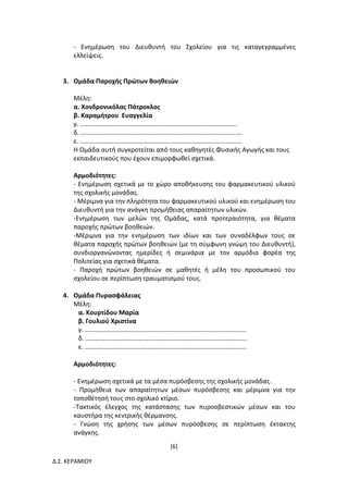 [6]
Δ.Σ. ΚΕΡΑΜΙΟΥ
- Ενημέρωση του Διευθυντή του Σχολείου για τις καταγεγραμμένες
ελλείψεις.
3. Ομάδα Παροχής Πρώτων Βοηθειών
Μέλη:
α. Χονδρονικόλας Πάτροκλος
β. Καραμήτρου Ευαγγελία
γ. …………………………………………………………………………………….
δ. ……………………………………………………………………………………….
ε. ……………………………………………………………………………………….
Η Ομάδα αυτή συγκροτείται από τους καθηγητές Φυσικής Αγωγής και τους
εκπαιδευτικούς που έχουν επιμορφωθεί σχετικά.
Αρμοδιότητες:
- Ενημέρωση σχετικά με το χώρο αποθήκευσης του φαρμακευτικού υλικού
της σχολικής μονάδας.
- Μέριμνα για την πληρότητα του φαρμακευτικού υλικού και ενημέρωση του
Διευθυντή για την ανάγκη προμήθειας απαραίτητων υλικών.
-Ενημέρωση των μελών της Ομάδας, κατά προτεραιότητα, για θέματα
παροχής πρώτων βοηθειών.
-Μέριμνα για την ενημέρωση των ιδίων και των συναδέλφων τους σε
θέματα παροχής πρώτων βοηθειών (με τη σύμφωνη γνώμη του Διευθυντή),
συνδιοργανώνοντας ημερίδες ή σεμινάρια με τον αρμόδιο φορέα της
Πολιτείας για σχετικά θέματα.
- Παροχή πρώτων βοηθειών σε μαθητές ή μέλη του προσωπικού του
σχολείου σε περίπτωση τραυματισμού τους.
4. Ομάδα Πυρασφάλειας
Μέλη:
α. Κουρτίδου Μαρία
β. Γουλιού Χριστίνα
γ. ……………………………………………………………………………………….
δ. ……………………………………………………………………………………….
ε. ……………………………………………………………………………………….
Αρμοδιότητες:
- Ενημέρωση σχετικά με τα μέσα πυρόσβεσης της σχολικής μονάδας.
- Προμήθεια των απαραίτητων μέσων πυρόσβεσης και μέριμνα για την
τοποθέτησή τους στο σχολικό κτίριο.
-Τακτικός έλεγχος της κατάστασης των πυροσβεστικών μέσων και του
καυστήρα της κεντρικής θέρμανσης.
- Γνώση της χρήσης των μέσων πυρόσβεσης σε περίπτωση έκτακτης
ανάγκης.
 