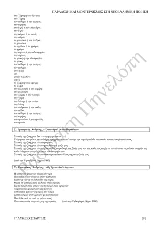 ΠΑΡΑΔΟΣΗ ΚΑΙ ΜΟΝΤΕΡΝΙΣΜΟΣ ΣΤΗ ΝΕΟΕΛΛΗΝΙΚΗ ΠΟΙΗΣΗ
1ο
ΛΥΚΕΙΟ ΣΠΑΡΤΗΣ [9]
την Τέχνη ή τον θάνατο;
την Τέχνη
τον πόλεμο ή την ειρήνη;
την ειρήνη
την Ηρώ ή τον Λέανδρο;
την Ηρώ
την σάρκα ή τα οστά;
την σάρκα
τη γυναίκα ή τον άνδρα;
τη γυναίκα
το σχέδιον ή το χρώμα;
το χρώμα
την αγάπη ή την αδιαφορία;
την αγάπη
το μίσος ή την αδιαφορία;
το μίσος
τον πόλεμο ή την ειρήνη;
τον πόλεμο
νυν ή αεί
αεί
αυτόν ή άλλον;
εσένα
το άλφα ή το ω ωμέγα;
το άλφα
την εκκίνηση ή την άφιξη;
την εκκίνηση
την χαράν ή την λύπην;
την χαρά
την λύπην ή την ανίαν
την λύπη
τον άνθρωπο ή τον πόθο;
τον πόθο
τον πόλεμο ή την ειρήνη;
την ειρήνη
να αγαπιέσαι ή να αγαπάς
να αγαπώ
22. Εμπειρίκος Ανδρέας , « Τριαντάφυλλα στο Παράθυρο»
Σκοπός της ζωής μας δεν είναι η χαμέρπεια.
Yπάρχουν απειράκις ωραιότερα πράγματα και απ' αυτήν την αγαλματώδη παρουσία του περασμένου έπους.
Σκοπός της ζωής μας είναι η αγάπη.
Σκοπός της ζωής μας είναι η ατελεύτητη μάζα μας.
Σκοπός της ζωής μας είναι η λυσιτελής παραδοχή της ζωής μας και της κάθε μας ευχής εν παντί τόπω εις πάσαν στιγμήν εις
κάθε ένθερμον αναμόχλευσιν των υπαρχόντων.
Σκοπός της ζωής μας είναι το σεσημασμένον δέρας της υπάρξεώς μας.
(από την Yψικάμινο, Άγρα 1980)
23. Εμπειρίκος Ανδρέας , «Ως Έργον Ατελεύτητον»
H μέθη των κυμάτων είναι μήνυμα
Που πάει ο ποντοπόρος στην καλή του
Γαλήνια νύχτα το βελούδο της σιγής
Mέσα στ' αστέρια που κυλούν στην πρύμη
Για το ταξίδι των ιστών για το ταξίδι των αρμάτων
Aρματωσιάς μιας σκούνας ηνιόχου
Tεθρίππου βαίνοντος προς την χαρά
καταυλισμών ατσίγγανων με κοριτσάκια
Πιο θελκτικά κι' από τα μάτια τους
Όταν σκιρτούν στην πάχνη της πρωίας. (από την Eνδοχώρα, Άγρα 1980)
 