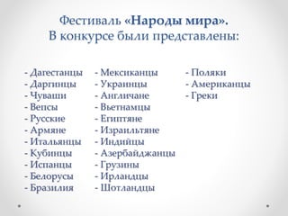 Фестиваль «Народы мира».
В конкурсе были представлены:
- Дагестанцы
- Даргинцы
- Чуваши
- Вепсы
- Русские
- Армяне
- Итальянцы
- Кубинцы
- Испанцы
- Белорусы
- Бразилия
- Мексиканцы
- Украинцы
- Англичане
- Вьетнамцы
- Египтяне
- Израильтяне
- Индийцы
- Азербайджанцы
- Грузины
- Ирландцы
- Шотландцы
- Поляки
- Американцы
- Греки
 