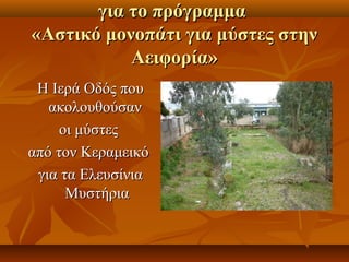 γγιιαα ττοο ππρρόόγγρρααμμμμαα 
«ΑΑσσττιικκόό μμοοννοοππάάττιι γγιιαα μμύύσσττεεςς σσττηηνν 
ΑΑεειιφφοορρίίαα» 
ΗΗ ΙΙεερράά ΟΟδδόόςς πποουυ 
αακκοολλοουυθθοούύσσαανν 
οοιι μμύύσσττεεςς 
ααππόό ττοονν ΚΚεερρααμμεειικκόό 
γγιιαα τταα ΕΕλλεευυσσίίννιιαα 
ΜΜυυσσττήήρριιαα 
 