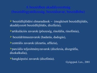 A beszédben akadályozottság
(beszédfogyatékosság, beszédzavar, beszédhiba)
beszédfejlődési elmaradások − (megkésett beszédfejődés,
akadályozott beszédfejlődés, diszfázia),


artikulációs


zavarok (pöszeség, rinolália, rinofónia),

beszédritmuszavarok (hadarás, dadogás),

centrális

zavarok (dizartia, affázia),

parciális

teljesítményzavarok (diszlexia, diszgráfia,
diszkalkulia),
hangképzési

zavarok (diszfónia).

Gyógyped. Lex., 2001

 