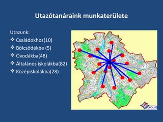 Utazótanáraink munkaterülete
Utazunk:
 Családokhoz(10)
 Bölcsődékbe (5)
 Óvodákba(48)
 Általános iskolákba(82)
 Középiskolákba(28)

 