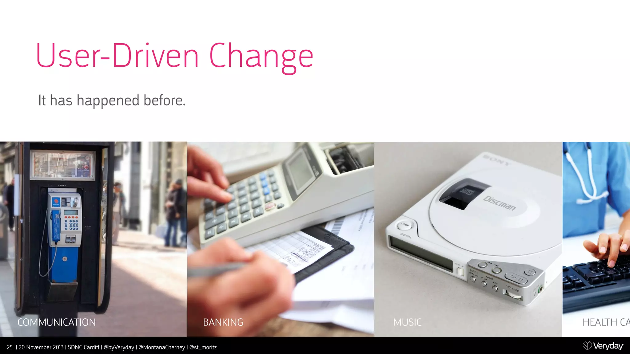 User-Driven Change
It has happened before.

COMMUNICATION

BANKING

25 | 20 November 2013 | SDNC Cardiﬀ | @byVeryday | @MontanaCherney | @st_moritz

MUSIC

HEALTH CA

 