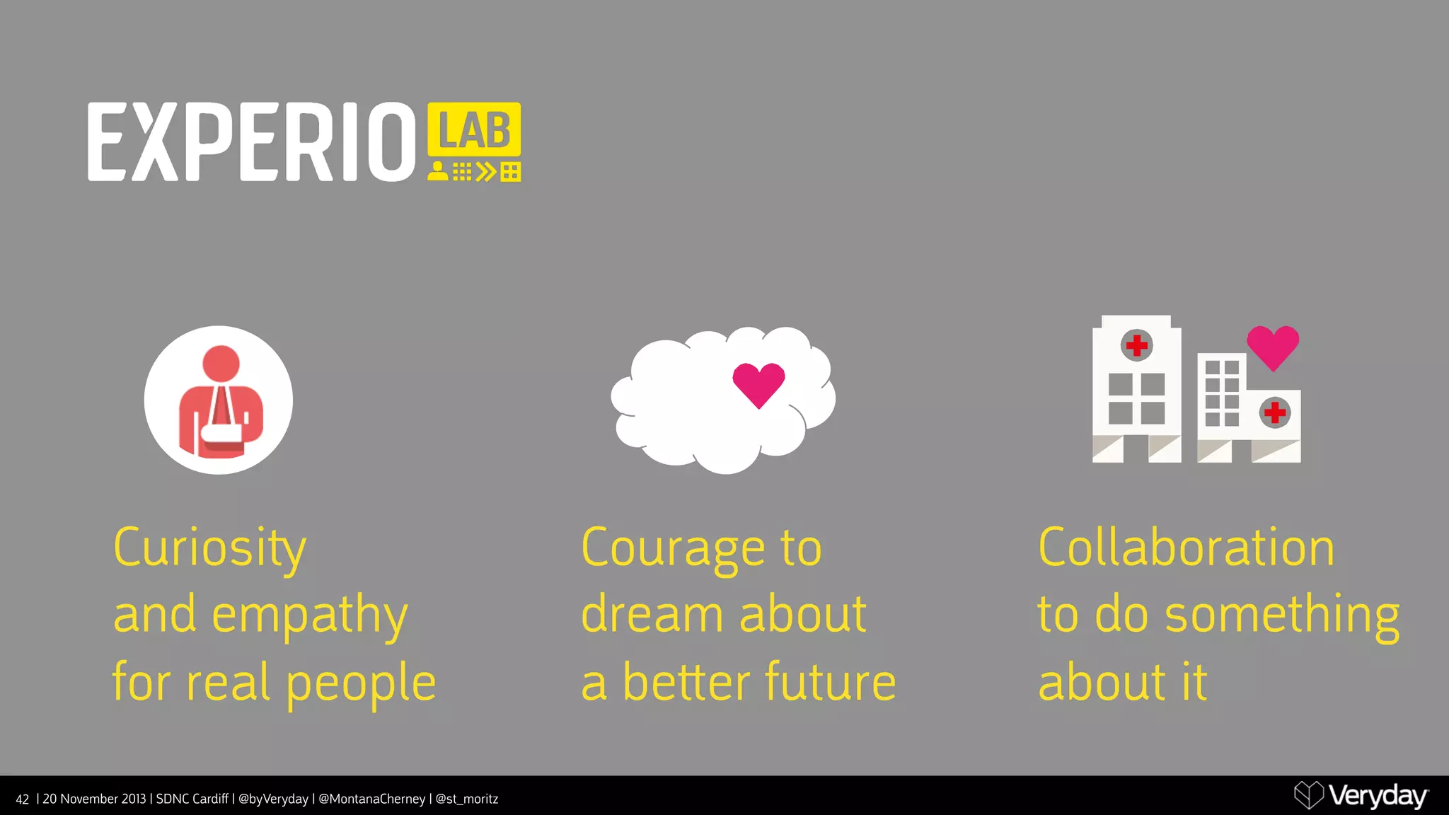 Curiosi‫﬚‬
and empathy
for real people
42 | 20 November 2013 | SDNC Cardiﬀ | @byVeryday | @MontanaCherney | @st_moritz

Courage to
dream about
a be‫﬙‬er future

Collaboration
to do something
about it

 