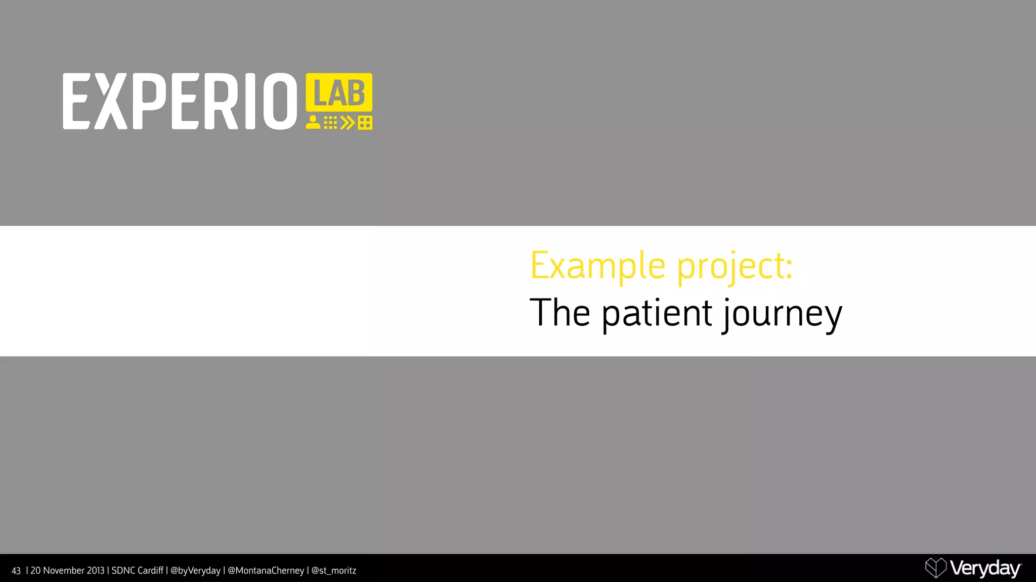 Example project:
The patient journey

43 | 20 November 2013 | SDNC Cardiﬀ | @byVeryday | @MontanaCherney | @st_moritz

 