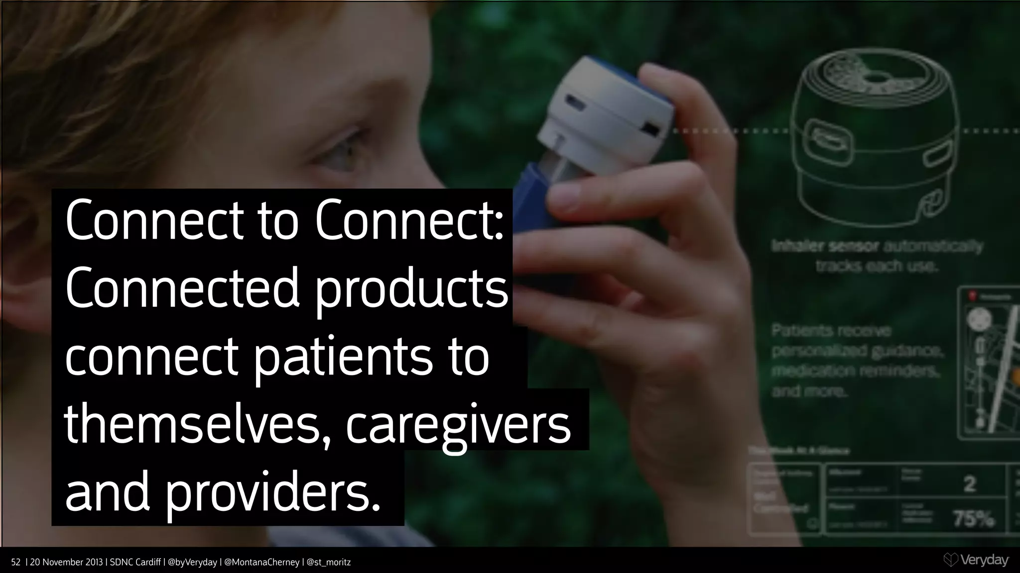 Connect to Connect:
Connected products
connect patients to
themselves, caregivers
and providers.
52 | 20 November 2013 | SDNC Cardiﬀ | @byVeryday | @MontanaCherney | @st_moritz

 