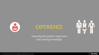 EXPERIENCE
Improving the patients experience
and creating knowledge.

39 | 20 November 2013 | SDNC Cardiﬀ | @byVeryday | @...