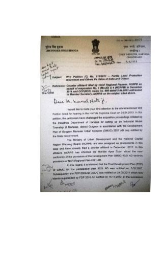 2013.04.03 sh bhupinder singh hooda do letter to sh kamal nath requesting reversal of affidavit filed in sc by ncrpb