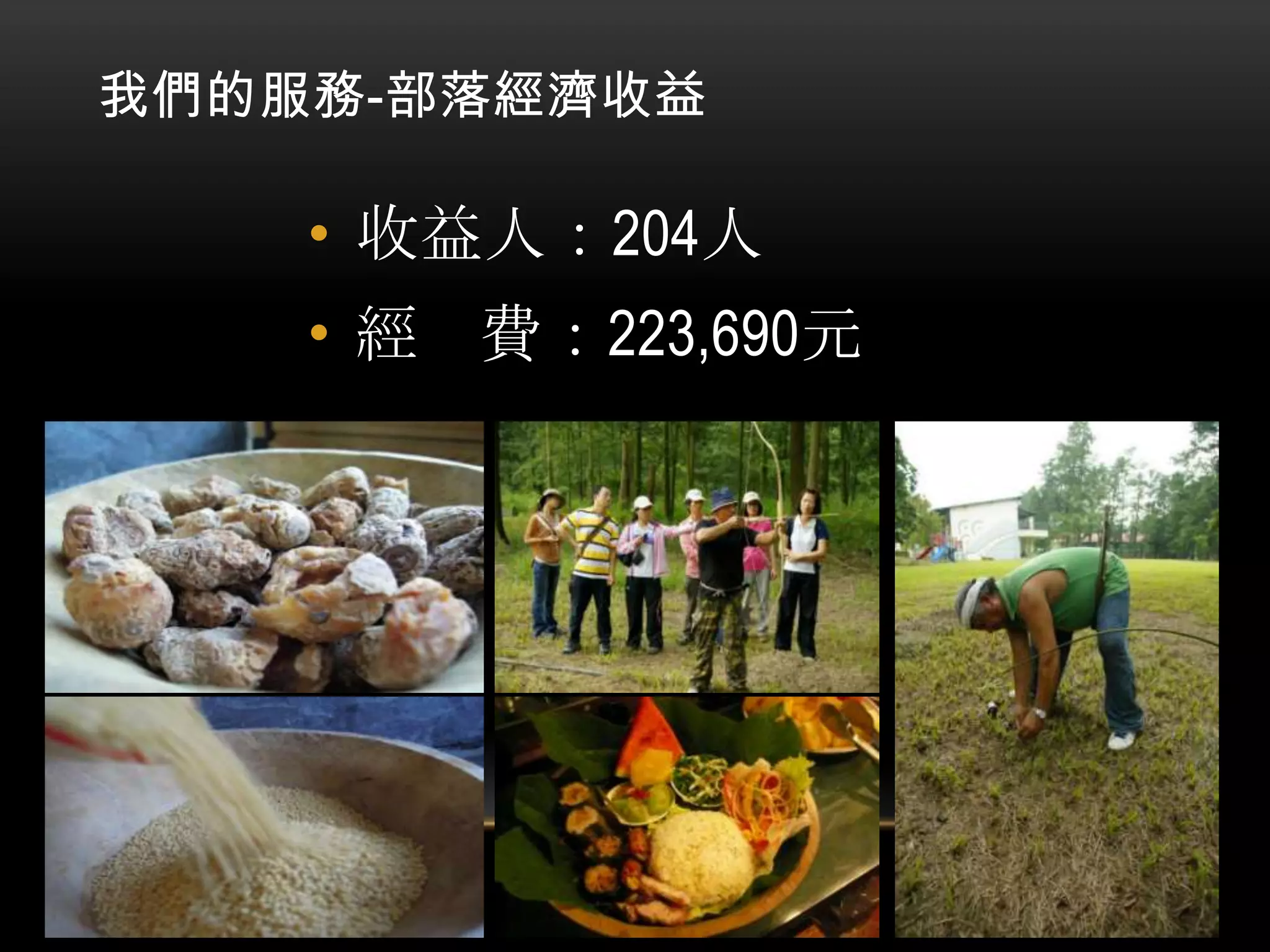 我們的服務-部落經濟收益

• 收益人：204人
• 經 費：223,690元

 