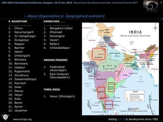 10th IDCA International Conference, Gurgaon. 10-11 Jan, 2014 . Presentation by Amitava Banerjee, Executive Director-BCT.
​

i. About Organization (c. Geographical outreach)
A. RAJASTHAN

KARNATAKA

1.
2.
3.
4.
5.
6.
7.
8.
9.
10.
11.
12.
13.
14.
15.
16.
17.
18.
19.
20.
21.
22.

1.
2.
3.
4.
5.
6.

Churu
Hanumangarh
Sri Ganganagar
Dungarpur
Nagaur
Barmer
Jalore
Chittorgarh
Bhilwara
Banswara
Udaipur
Rajsamand
Jhunjhunu
Sawaimadhopur
Kaurauli
Sikar
Dausa
Jaipur
Kota
Baran
Ajmer
Jaisalmer
www.bctngo.org

Bangalore Urban
Dharwad
Davangere
Haveri
Bellary
Chikkaballapur

ANDHRA PRADESH

1.
2.

Hyderabad
(Autonagar)
East Godavari
(Ravulapalem)

TAMIL NADU

1.

Hosur (Shoolagiri)

Adding colors to development since 1962

3

 