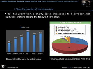 10th IDCA International Conference, Gurgaon. 10-11 Jan, 2014 . Presentation by Amitava Banerjee, Executive Director-BCT.
​

i. About Organization (d. Working sectors)

 BCT has grown from a charity based organization to a developmental
institution, working around the following core areas.

Organizational turnover for last six years

www.bctngo.org

Percentage fund allocation for the FY 2012-13

Adding colors to development since 1962

4

 