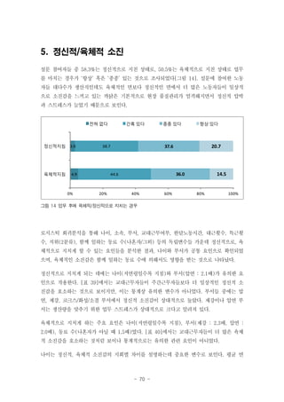 5. 정신적/육체적 소진
설문 참여자들 중 58.3%는 정신적으로 지친 상태로, 50.5%는 육체적으로 지친 상태로 업무
를 마치는 경우가 ‘항상’ 혹은 ‘종종’ 있는 것으로 조사되었다[그림 14]. 설문에 참여한 노동
자들 대다수가 생산직인데도 육체적인 면보다 정신적인 면에서 더 많은 노동자들이 일상적
으로 소진감을 느끼고 있는 까닭은 기본적으로 현장 품질관리가 엄격해지면서 정신적 압박
과 스트레스가 늘었기 때문으로 보인다.

전혀 없다

정신적지침

육체적지침

3.0

종종 있다

20.7

14.5

36.0

44.6

20%

항상 있다

37.6

38.7

4.9

0%

간혹 있다

40%

60%

80%

100%

그림 14 업무 후에 육체적/정신적으로 지치는 경우

로지스틱 회귀분석을 통해 나이, 소속, 부서, 교대근무여부, 한달노동시간, 대근횟수, 특근횟
수, 직위(2분류), 함께 일하는 동료 수(나혼자/그외) 등의 독립변수들 가운데 정신적으로, 육
체적으로 지치게 할 수 있는 요인들을 분석한 결과, 나이와 부서가 공통 요인으로 확인되었
으며, 육체적인 소진감은 함께 일하는 동료 수에 의해서도 영향을 받는 것으로 나타났다.
정신적으로 지치게 되는 데에는 나이(저연령일수록 지침)와 부서(압연 : 2.1배)가 유의한 요
인으로 작용한다. [표 39]에서는 교대근무자들이 주간근무자들보다 더 일상적인 정신적 소
진감을 호소하는 것으로 보이지만, 이는 통계상 유의한 변수가 아니었다. 부서들 중에는 압
연, 제강, 코크스/화성/소결 부서에서 정신적 소진감이 상대적으로 높았다. 제강이나 압연 부
서는 생산량을 맞추기 위한 업무 스트레스가 상대적으로 크다고 알려져 있다.
육체적으로 지치게 하는 주요 요인은 나이(저연령일수록 지침), 부서(제강 : 2.3배, 압연 :
2.0배), 동료 수(나혼자가 아닐 때 1.5배)였다. [표 40]에서는 교대근무자들이 더 많은 육체
적 소진감을 호소하는 것처럼 보이나 통계적으로는 유의한 관련 요인이 아니었다.
나이는 정신적, 육체적 소진감의 지회별 차이를 설명하는데 중요한 변수로 보인다. 평균 연

- 70 -

 