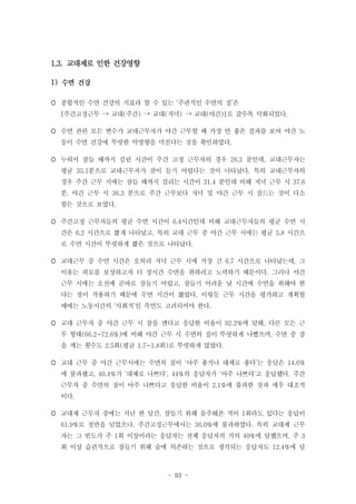 1.3. 교대제로 인한 건강영향
1)
 종합적인 수면 건강의 지표라 할 수 있는 ‘주관적인 수면의 질’은
[주간고정근무 → 교대(주간) → 교대(저녁) → 교대(야간)]로 갈수록 악화되었다.
 수면 관련 모든 변수가 교대근무자가 야간 근무할 때 가장 안 좋은 결과를 보여 야간 노
동이 수면 건강에 뚜렷한 악영향을 미친다는 것을 확인하였다.
 누워서 잠들 때까지 걸린 시간이 주간 고정 근무자의 경우 26.2 분인데, 교대근무자는
평균 35.1분으로 교대근무자가 잠이 들기 어렵다는 것이 나타났다. 특히 교대근무자의
경우 주간 근무 시에는 잠들 때까지 걸리는 시간이 31.4 분인데 비해 저녁 근무 시 37.6
분, 야간 근무 시 36.3 분으로 주간 근무보다 저녁 및 야간 근무 시 잠드는 것이 다소
힘든 것으로 보였다.
 주간고정 근무자들의 평균 수면 시간이 6.4시간인데 비해 교대근무자들의 평균 수면 시
간은 6.2 시간으로 짧게 나타났고, 특히 교대 근무 중 야간 근무 시에는 평균 5.8 시간으
로 수면 시간이 뚜렷하게 짧은 것으로 나타났다.
 교대근무 중 수면 시간은 오히려 저녁 근무 시에 가장 긴 6.7 시간으로 나타났는데, 그
이유는 피로를 보상하고자 더 장시간 수면을 취하려고 노력하기 때문이다. 그러나 야간
근무 시에는 오전에 곧바로 잠들기 어렵고, 잠들기 어려운 낮 시간에 수면을 취해야 한
다는 점이 작용하기 때문에 수면 시간이 짧았다. 이렇듯 근무 시간을 평가하고 계획할
때에는 노동시간의 ‘사회적’인 측면도 고려되어야 한다.
 교대 근무자 중 야간 근무 시 잠을 깬다고 응답한 비율이 92.2%에 달해, 다른 모든 근
무 형태(66.2~72.6%)에 비해 야간 근무 시 수면의 질이 뚜렷하게 나빴으며, 수면 중 잠
을 깨는 횟수도 2.5회(평균 1.7~1.8회)로 뚜렷하게 많았다.
 교대 근무 중 야간 근무시에는 수면의 질이 ‘아주 좋거나 대체로 좋다’는 응답은 14.6%
에 불과했고, 40.4%가 ‘대체로 나쁘다’, 44%의 응답자가 ‘아주 나쁘다’고 응답했다. 주간
근무자 중 수면의 질이 아주 나쁘다고 응답한 비율이 2.1%에 불과한 것과 매우 대조적
이다.
 교대제 근무자 중에는 지난 한 달간, 잠들기 위해 음주해본 적이 1회라도 있다는 응답이
61.9%로 절반을 넘었으나, 주간고정근무에서는 36.0%에 불과하였다. 특히 교대제 근무
자는 그 빈도가 주 1회 이상이라는 응답자는 전체 응답자의 거의 40%에 달했으며, 주 3
회 이상 습관적으로 잠들기 위해 술에 의존하는 것으로 생각되는 응답자도 12.4%에 달

- 93 -

 