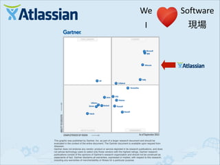 This graphic was published by Gartner, Inc. as part of a larger research document and should be
evaluated in the context of the entire document. The Gartner document is available upon request from
Atlassian.!
Gartner does not endorse any vendor, product or service depicted in its research publications, and does
not advise technology users to select only those vendors with the highest ratings. Gartner research
publications consist of the opinions of Gartner's research organization and should not be construed as
statements of fact. Gartner disclaims all warranties, expressed or implied, with respect to this research,
including any warranties of merchantability or fitness for a particular purpose.

 