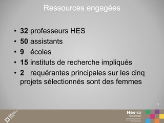 Ressources engagées
•
•
•
•
•

32 professeurs HES
50 assistants
9 écoles
15 instituts de recherche impliqués
2 requérantes principales sur les cinq
projets sélectionnés sont des femmes
11

 