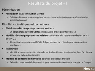 Résultats du projet - I
Pérennisation
• Association eGov Innovation Center
– Création d’un centre de compétences en cyberadministration pour pérenniser les
activités du projet

Résultats scientifiques et techniques
• Plateforme d’échange de processus métiers
– En collaboration avec la Confédération via le projet prioritaire B1.13

• Modèle sémantique processus métiers conforme à la recommandation eCH BPMN 2.0
– Sémantisation du standard BPMN 2.0 permettant de créer de processus métiers
intelligents

• Intégration
– Identification des minorités et étude sur les barrières et les obstacles dans l’accès aux
services de cyberadministration

• Modèle de contexte sémantique pour les processus métiers

19

– Exécution personnalisé d’un service (processus métier) en tenant compte de l’usager

 