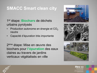 SMACC Smart clean city
1er étape: Biochars de déchets
urbains pyrolysés
• Production autonome en énergie et CO2
neutre
• Capacité d’épuration très importante

2ème étape: Mise en œuvre des
biochars pour l’épuration des eaux
claires au travers de jardins
verticaux végétalisés en ville
9

Projet Call / SMACC / 24 novembre 2011

9

 