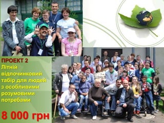 ПРОЕКТ 2
Літній
відпочинковий
табір для людей
з особливими
розумовими
потребами

8 000 грн

 
