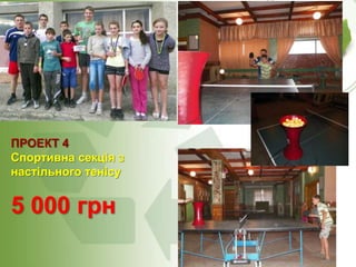 ПРОЕКТ 4
Спортивна секція з
настільного тенісу

5 000 грн

 
