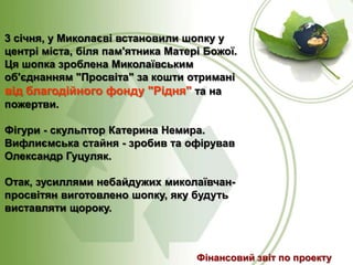 3 січня, у Миколаєві встановили шопку у
центрі міста, біля пам'ятника Матері Божої.
Ця шопка зроблена Миколаївським
об'єднанням "Просвіта" за кошти отримані
від благодійного фонду "Рідня" та на
пожертви.
Фігури - скульптор Катерина Немира.
Вифлиємська стайня - зробив та офірував
Олександр Гуцуляк.
Отак, зусиллями небайдужих миколаївчанпросвітян виготовлено шопку, яку будуть
виставляти щороку.

Фінансовий звіт по проекту

 