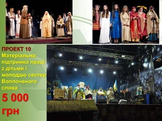 ПРОЕКТ 10
Матеріальна
підтримка праці
з дітьми і
молоддю сестер
Воплоченого
слова

5 000
грн

 