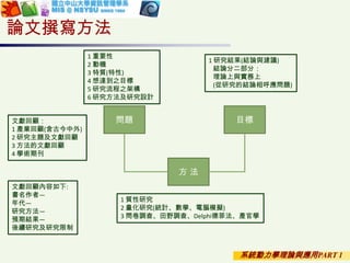 系統動力學理論與應用PART 1
1 重要性
2 動機
3 特質(特性)
4 想達到之目標
5 研究流程之架構
6 研究方法及研究設計
1 研究結果(結論與建議)
結論分二部分：
理論上與實務上
(從研究的結論相呼應問題)
1 質性研究
2 量化研究(統計、數學、電腦模擬)
3 問卷調查、田野調查、Delphi德菲法、產官學
文獻回顧：
1 產業回顧(含古今中外)
2 研究主題及文獻回顧
3 方法的文獻回顧
4 學術期刊
問題 目標
方 法
文獻回顧內容如下:
書名作者—
年代—
研究方法—
預期結果—
後續研究及研究限制
論文撰寫方法
 