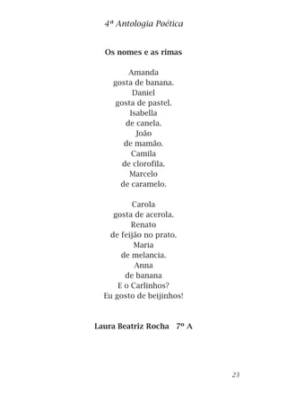 Os nomes e as rimas
Amanda
gosta de banana.
Daniel
gosta de pastel.
Isabella
de canela.
João
de mamão.
Camila
de clorofila.
Marcelo
de caramelo.
Carola
gosta de acerola.
Renato
de feijão no prato.
Maria
de melancia.
Anna
de banana
E o Carlinhos?
Eu gosto de beijinhos!
Laura Beatriz Rocha 7º A
4ª Antologia Poética
23
 