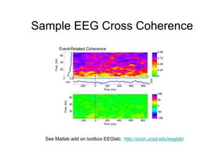 Sample EEG Cross Coherence
0
0.24
0.48
0.72
0.96
-200 0 200 400 600 800
0
1
Time (ms)
coh.
20
40
60
0 0.8
Freq.(Hz)
coh.
Freq.(Hz)
Time (ms)
-200 0 200 400 600 800
20
40
60
-180
-90
0
90
180
Event-Related Coherence
See Matlab add on toolbox EEGlab: http://sccn.ucsd.edu/eeglab/
 