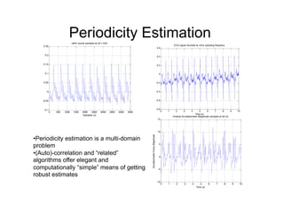 Periodicity Estimation
0 500 1000 1500 2000 2500 3000 3500 4000 4500
-0.1
-0.05
0
0.05
0.1
0.15
0.2
0.25
Samples (n)
/ahh/ sound sampled at 44.1 kHz
0 1 2 3 4 5 6 7 8 9 10
-0.8
-0.6
-0.4
-0.2
0
0.2
0.4
0.6
Time (s)
ECG signal recorded at 1kHz sampling frequency
• Periodicity estimation is a multi-domain
problem
• (Auto)-correlation and “related”
algorithms offer elegant and
computationally “simple” means of getting
robust estimates
0 1 2 3 4 5 6 7 8 9 10
-10
-5
0
5
10
15
Time (s)
AccelerometerForceMagnitude
Android Accelerometer Magnitude sampled at 50 Hz
 