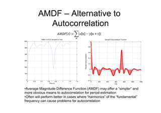 AMDF – Alternative to
Autocorrelation
0 0.2 0.4 0.6 0.8 1 1.2 1.4
0
100
200
300
400
500
600
Time (s)
AMDF of ECG sampled at 1kHz
0 200 400 600 800 1000 1200
-0.4
-0.2
0
0.2
0.4
0.6
0.8
1
Lag
SampleAutocorrelation
Sample Autocorrelation Function
• Average Magnitude Difference Function (AMDF) may offer a “simpler” and
more obvious means to autocorrelation for period estimation
• Often will perform better in cases where “harmonics” of the “fundamental”
frequency can cause problems for autocorrelation
 
